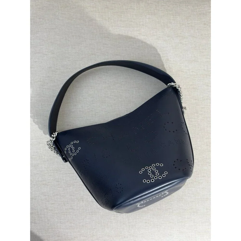 CHANEL Navy Blue Calfskin Deauville Bucket Bag Small SHW - Picture 5 of 16